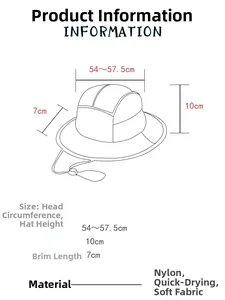 Size guide for hiking hat showing head circumference 54-57.5cm and nylon quick-dry fabric