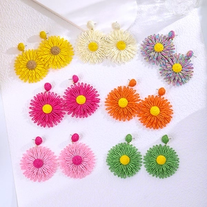 Hand Woven Raffia Flower Drop Earrings With Stainless Steel Earring Post Bohemian Summer Vacation Jewelry For Women