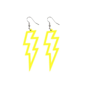 Detailed view of yellow acrylic lightning bolt earrings with silver hooks on white background