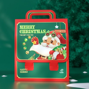 Christmas backpack gift box in festive red and green with Merry Christmas gold lettering