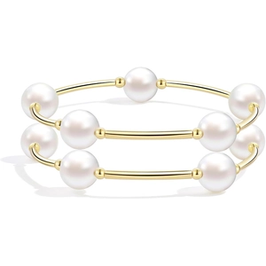 Elegant 10mm gold curved tube and faux pearl stretch bracelet for women's gift jewelry