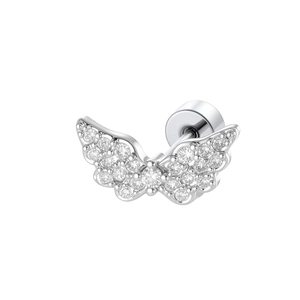 Silver angel wing stud earrings with micro-paved cubic zirconia and screw-back closure