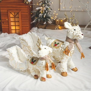 White Gold Christmas Reindeer And Sleigh Figurines Plush Desktop Decorations For Holiday Window Display North European Style