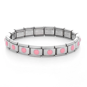 Detailed macro view of silver stainless steel link bracelet with pink enamel charms