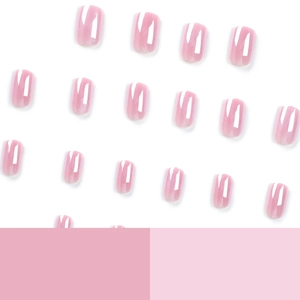 Glossy pink press-on nails in short square shape displayed on white background