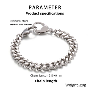 Détail du bracelet gourmette en acier inoxydable 9mm indiquant 210x9mm et un poids de 29g