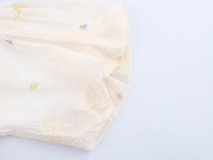 Gros plan sur les broderies et l'imprimé floral du tissu de la robe à manches bouffantes
