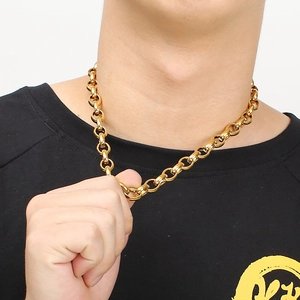 Men's gold stainless steel cable chain necklace shown on a model for a bold fashion style