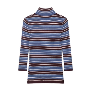 Women's turtleneck striped knit sweater featuring blue, purple, grey, and white stripes