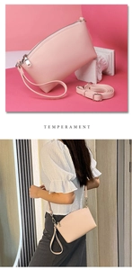 Detail of light pink lychee textured leather bag with detachable shoulder strap and model view