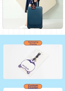Detail showing rectangular luggage tag and purple cat paw tag in transparent packaging