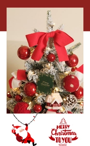 Close-up of red knit bows, pine cones, and festive ornaments on a mini Christmas tree