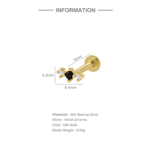 Detailed size chart for 18K gold 925 silver piercing stud with black zirconia stone