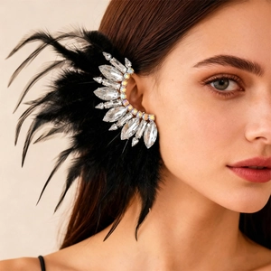 Bohemian crystal ear cuff with black feathers for a luxury aesthetic look