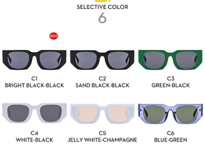 Selection of six stylish retro square sunglasses in various colors on a white background