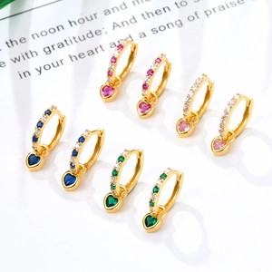 Luxurious S925 sterling silver heart earrings with colorful zircon gems in gold finish