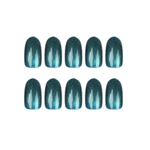 Short oval cat-eye press-on nails in teal blue with sparkling glitter and shimmer