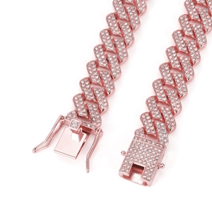 Detail view of 14mm rose gold Cuban chain with iced out rhinestones and box clasp