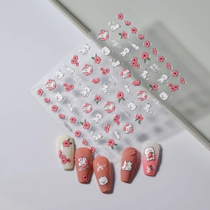 5D embossed nail stickers featuring cute pink cats, cherry blossoms, and 3D floral designs