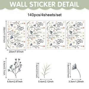 Nordic Blumen Wandtattoo Set 140 Stück mit Größenangaben und Pflanzenblatt Mustern