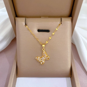 Butterfly Pendant Necklace Titanium Steel Chain Copper Zircon Inlaid Elegant Gold Jewelry For Women