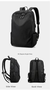 Detailed views of a black business laptop backpack with USB port and breathable mesh straps