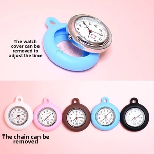 Detail of round medical silicone nurse pocket watches with various color cases and quartz dial