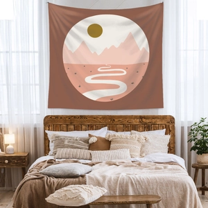 Bohemian tapestry featuring abstract mountain landscape and sun in earthy terracotta tones