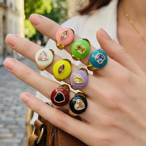Adjustable Open Ring 18K Gold Plated Copper Colorful Enamel Heart Marquise Zircon Fashion Boho Jewelry Women