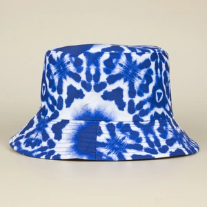 Detailed stitching on blue and white tie-dye bucket hat with durable cotton canvas texture