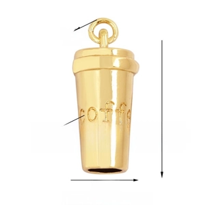 Golden coffee cup pendant with embossed text and precise size measurements shown