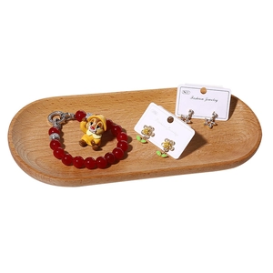 Solid wood oval tray with red beaded bracelet and S925 silver stud earrings set
