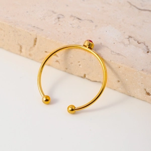 Minimalist gold stainless steel open ring with round red zircon and metallic ball accents