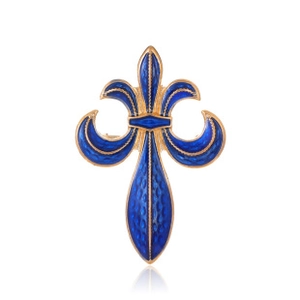 Detailed view of the dark blue enamel iris pendant with intricate gold metal edges