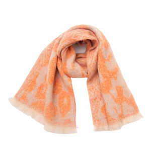 Detailed close-up of soft orange and beige leopard print scarf with delicate short fringes