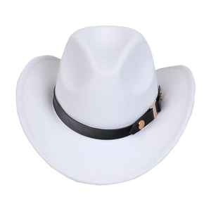Detail of white western cowboy hat with black leather band and gold buckle hardware