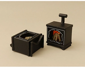 Miniature black dollhouse fireplace with glowing firewood effect and separate base accessory