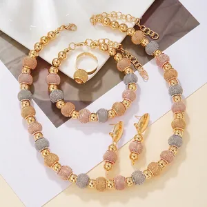 Chic tricolor beaded jewelry set with gold necklace bracelet earrings and ring