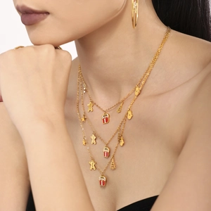 18K gold plated multi-layer necklace with enamel gingerbread man and Christmas tree pendants