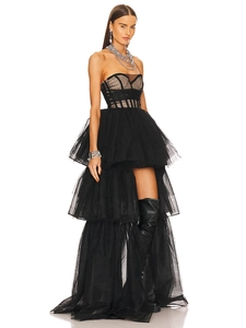 Elegant black strapless mesh evening dress with corset bodice and layered tulle skirt