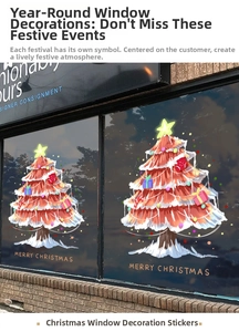 Detail showing two hand-painted Christmas tree decals with Merry Christmas text on a glass door