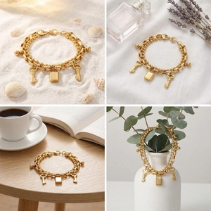 Double-layered gold chain bracelet with key and lock charms in various lifestyle settings