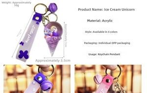 Detailed view of the unicorn ice cream keychain with purple bell and Little Fairy strap