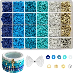 DIY jewelry kit with blue and white clay beads and metal accents in a 24-compartment box
