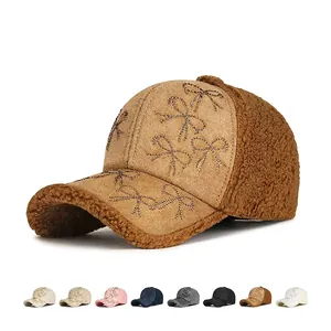 Women Winter Baseball Cap Rhinestone Bow Decor Sherpa Suede Patchwork Warm Windproof Adjustable Casual Outdoor Hat