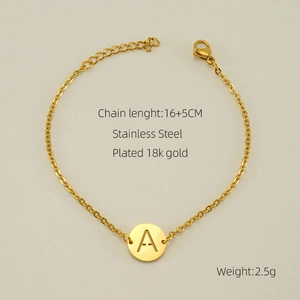 Detailed view of 18k gold plated stainless steel bracelet with letter A pendant details