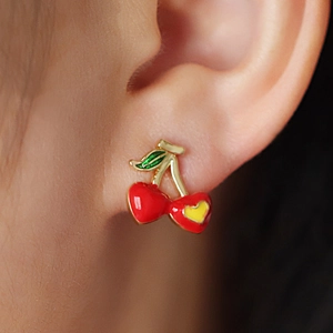 Copper Stud Earrings Colorful Enamel Cherry Ladybug Shape Zircon Artificial Pearl Fashion Sweet Jewelry Women