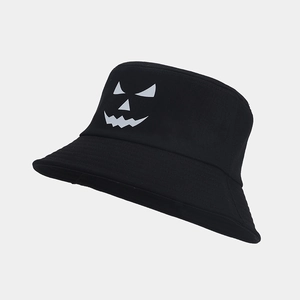 Luminous black Halloween bucket hat with white pumpkin face print for men and women
