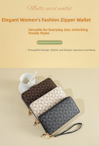 Three multi-card long zip wallets in brown and grey with geometric triangle patterns