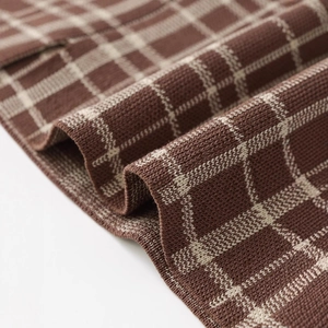 Women's plaid knit cardigan with lapel collar and casual three-quarter sleeves in brown